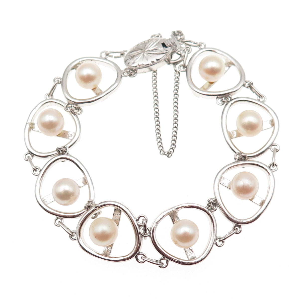 925 Sterling Silver Antique Japan Real Akoya Pearl Bracelet 6.5"