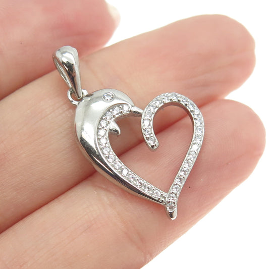 925 Sterling Silver Round-Cut C Z Dolphin Heart Pendant