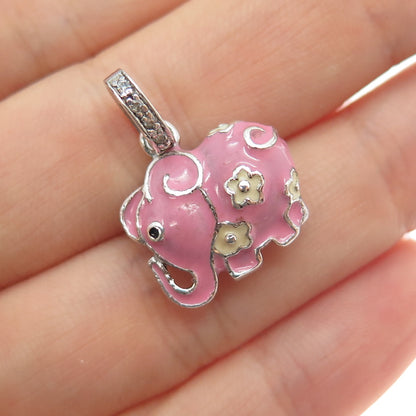 GALLERIA 925 Sterling Silver Enamel Round-Cut C Z Elephant Mini Charm Pendant