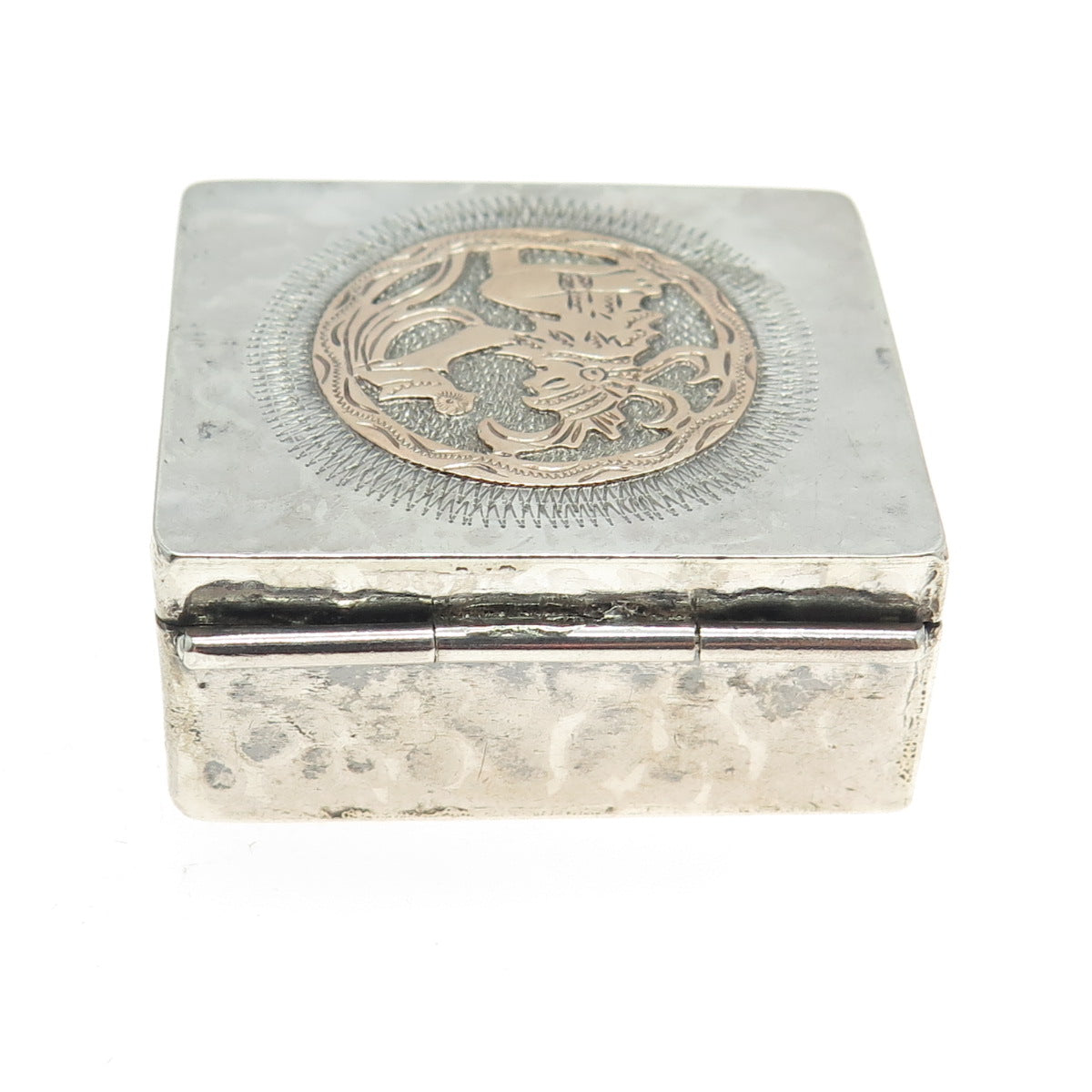 10K Rose Gold & 925 Sterling Silver Vintage Guatemala Mayan Snuff Box