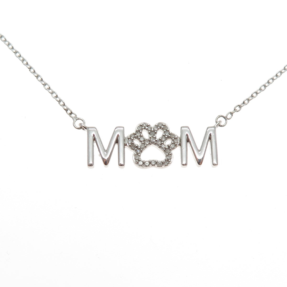 SUN 925 Sterling Silver Real Diamond Mom Dog Paw Cable Chain Necklace 16-18"