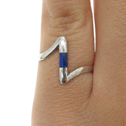 925 Sterling Silver Vintage Real Lapis Lazuli Modernist Ring Size 6