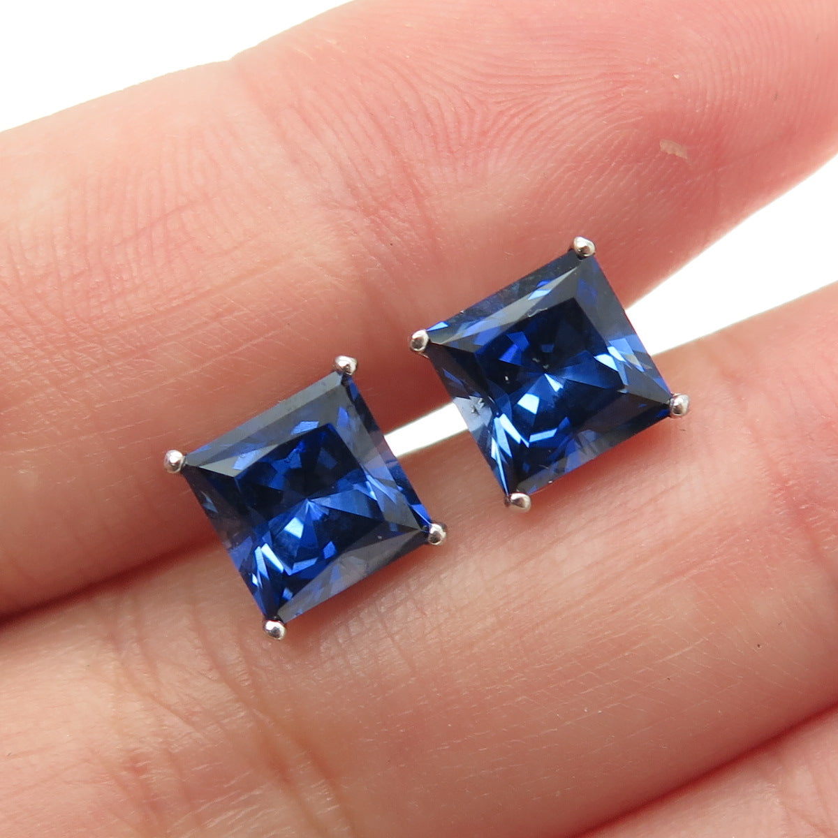 925 Sterling Silver Princess-Cut Blue C Z Stud Earrings