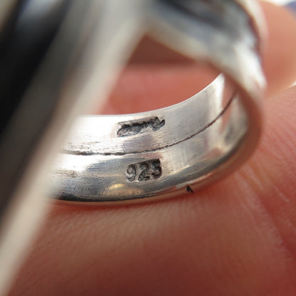 925 Sterling Silver Vintage Real Smoky Quartz Modernist Oxidized Ring Size 7.25