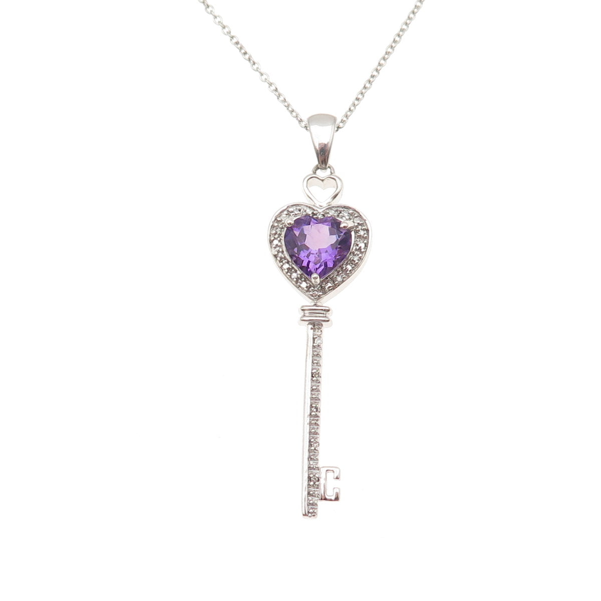 Jane Seymour 925 Sterling Real Diamond & Amethyst Heart Key Chain Necklace 18"