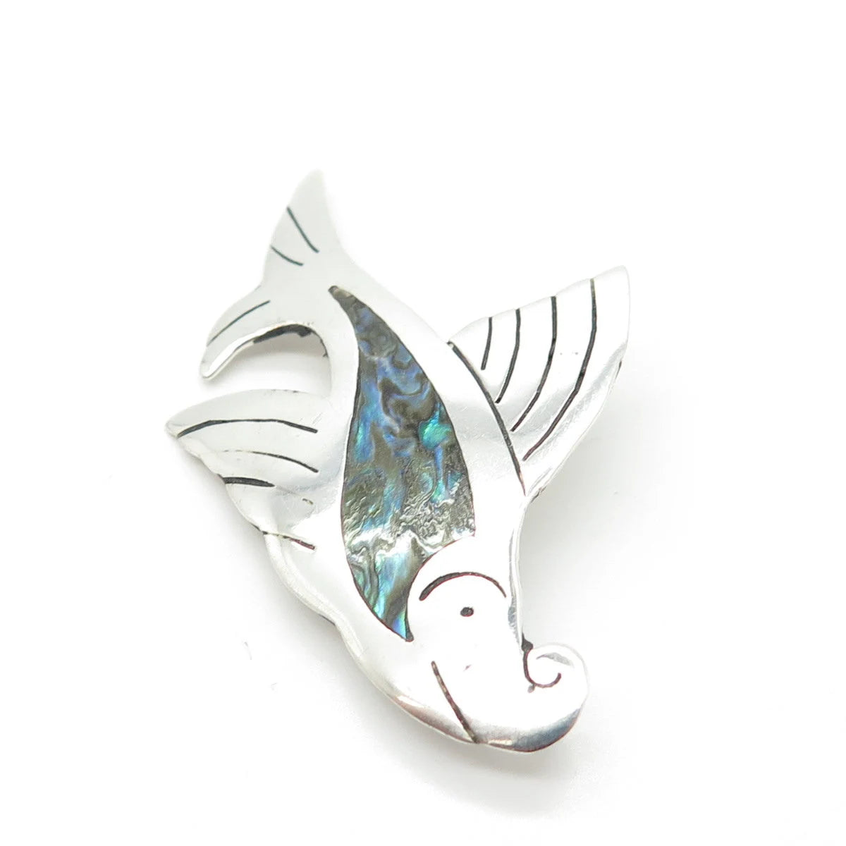925 Sterling Silver Vintage Mexico Real Abalone Shell Fish Pin Brooch