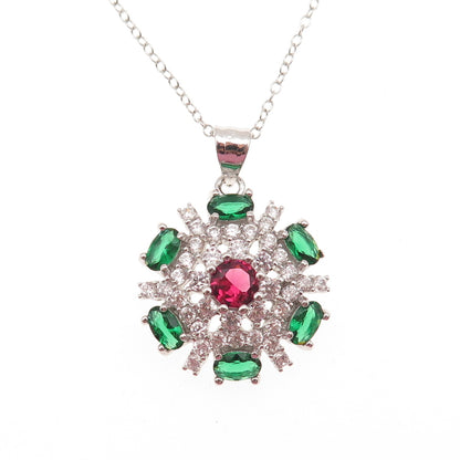 925 Sterling Silver Multi-Color C Z Floral Cable Chain Necklace 18"