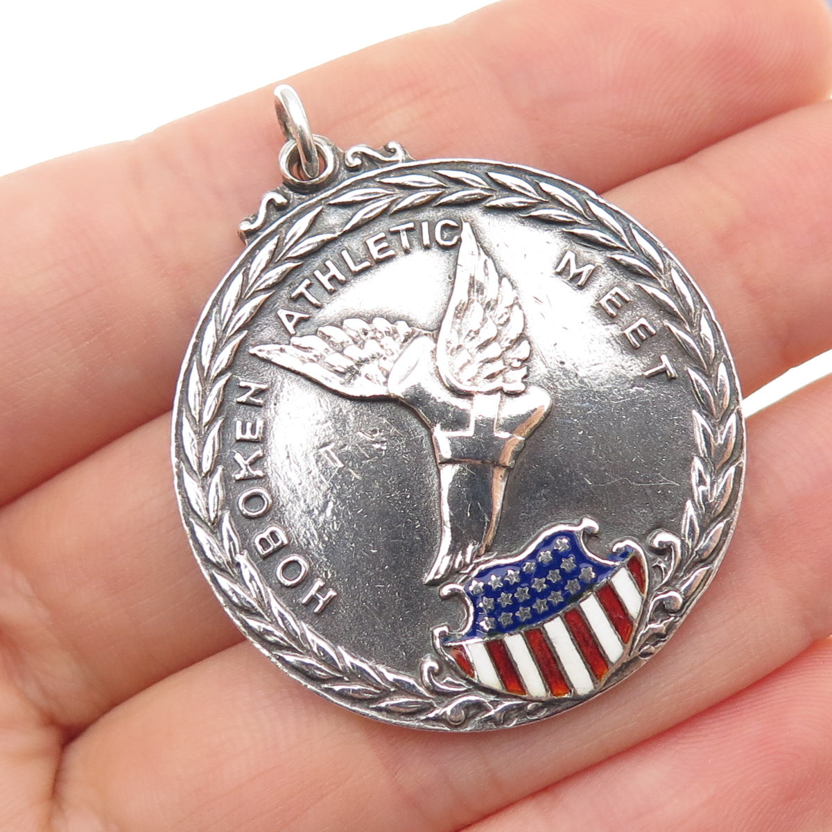 925 Sterling Silver Antique Art Deco Enamel Hoboken Athletic Meet Medal Pendant