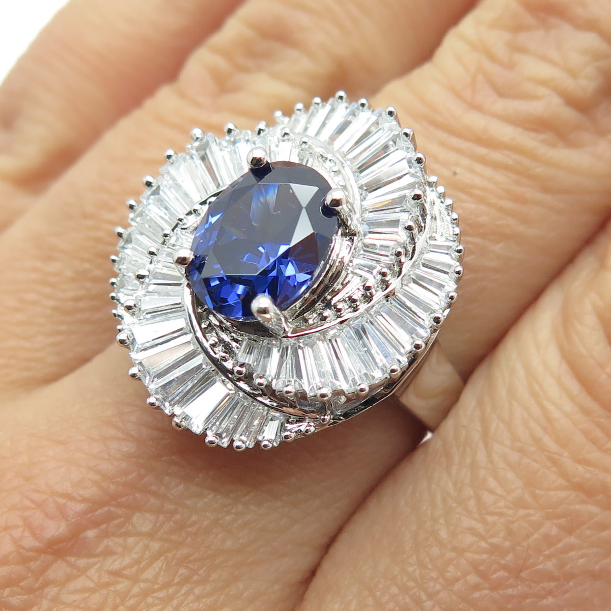 925 Sterling Silver Nano Sapphire Tapered Baguette-Cut Shaped C Z Ring Size 8.25