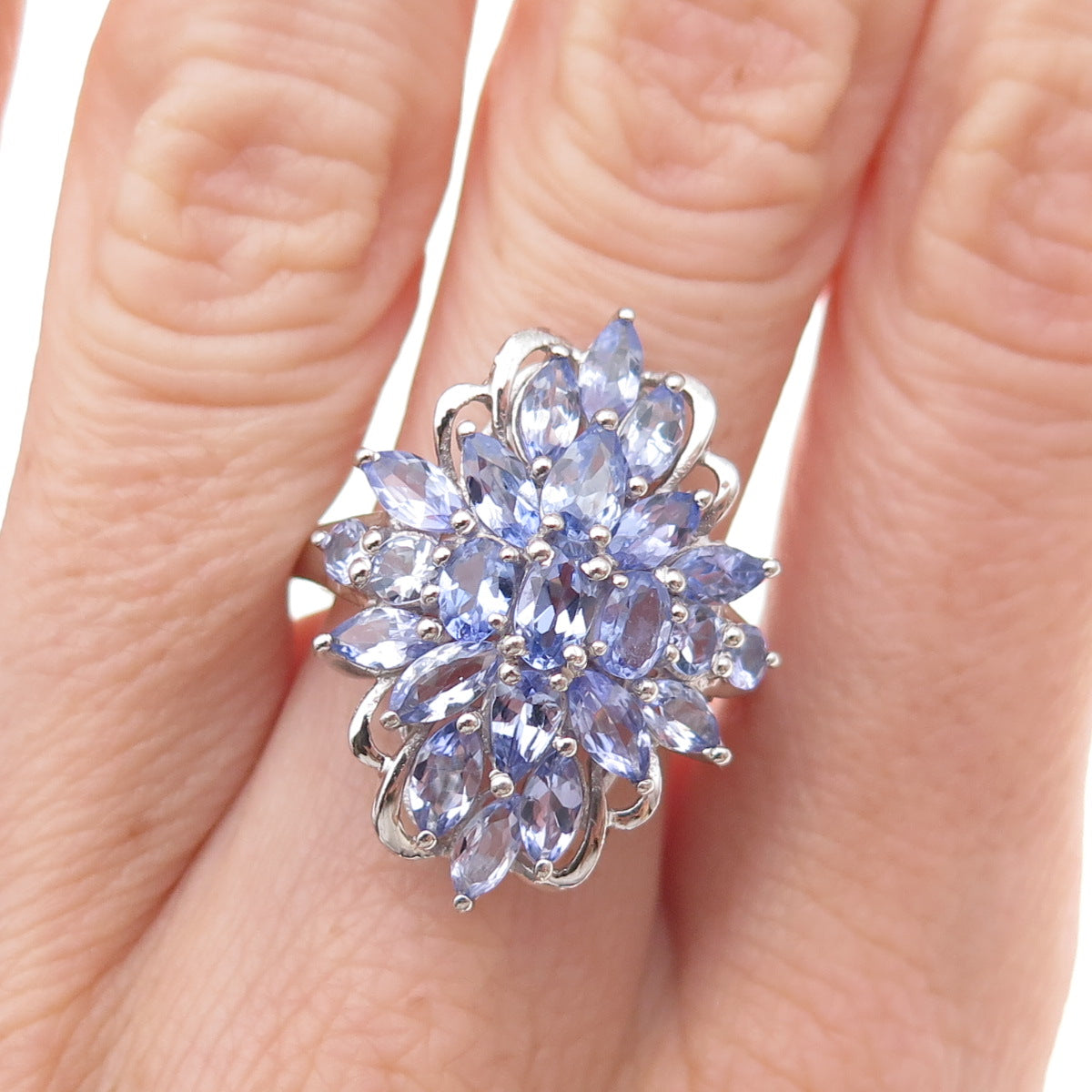 Chuck Clemency 925 Sterling Silver Real Tanzanite Floral Ring Size 8