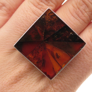 925 Sterling Silver Vintage Real Amber Modernist Square Ring Size 7.25