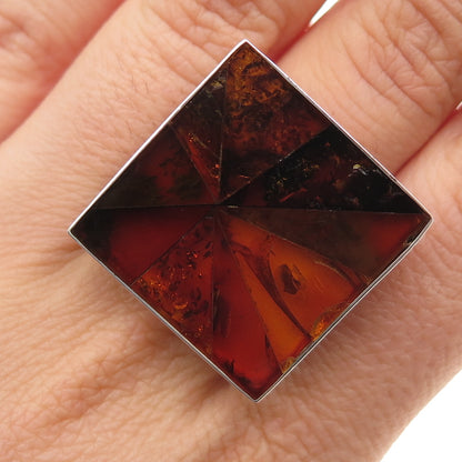 925 Sterling Silver Vintage Real Amber Modernist Square Ring Size 7.25