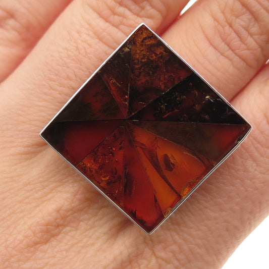 925 Sterling Silver Vintage Real Amber Modernist Square Ring Size 7.25