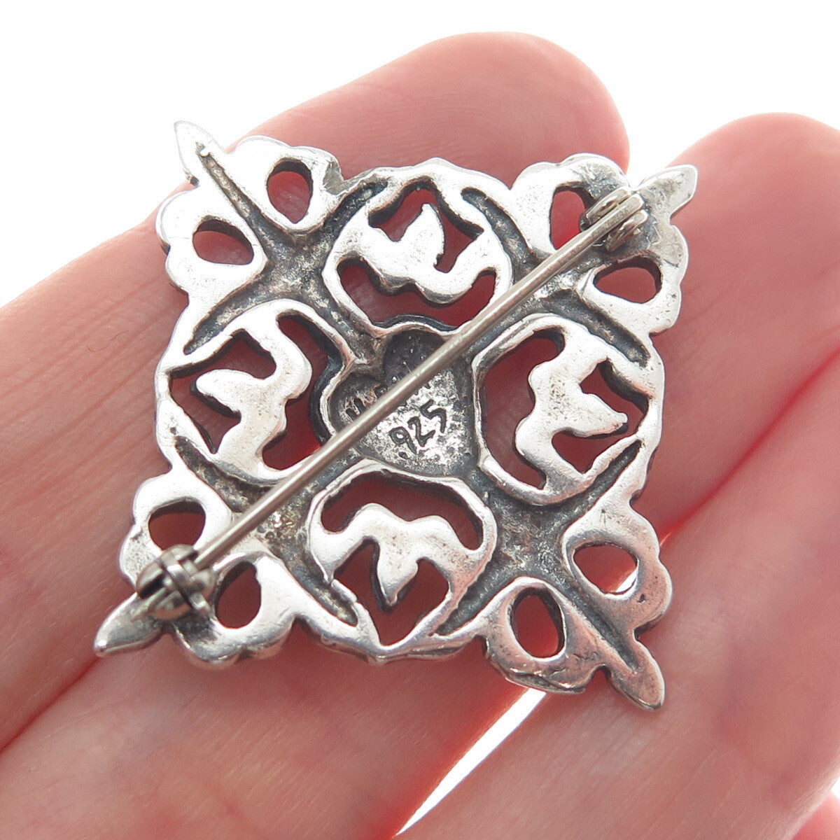 HAND & HAMMER 925 Sterling Silver Vintage Floral Heart Oxidized Pin Brooch