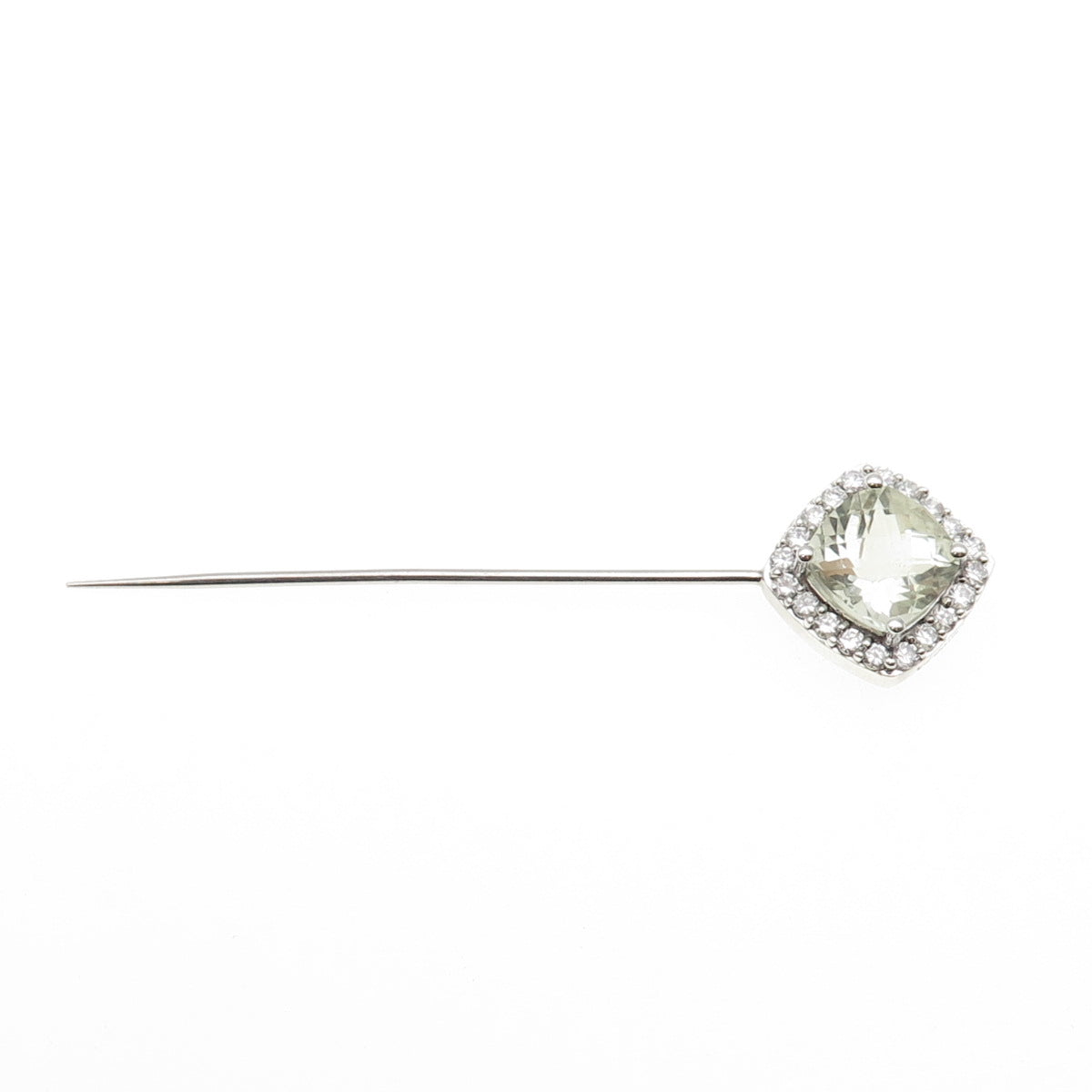 925 Sterling Silver Real Cushion-Cut Green Amethyst & C Z Lapel Pin