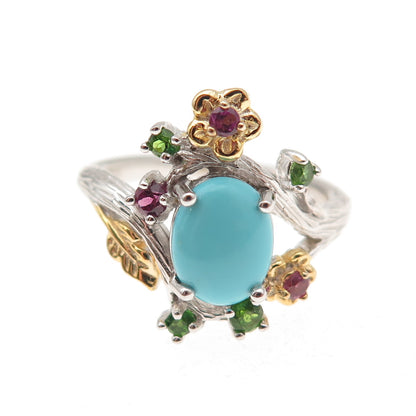925 Sterling Silver 2-Tone Real Turquoise Amethyst & Peridot Floral Ring Size 8