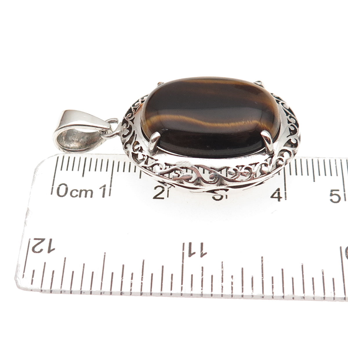 925 Sterling Silver Vintage Real Tiger Eye Floral Scroll Charm Pendant