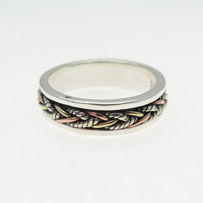ENERGY STONE 925 Sterling Silver 3-Tone Vintage Braided Spinner Ring Size 7.5