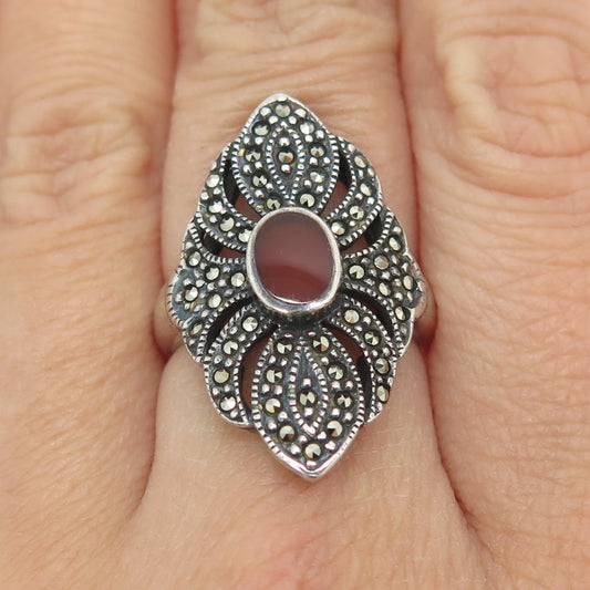 925 Sterling Silver Vintage Real Carnelian & Marcasite Gem Statement Ring Size 7