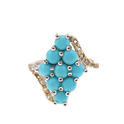 925 Sterling 2-Tone Real Sleeping Beauty Turquoise & White Topaz Ring Size 7.25