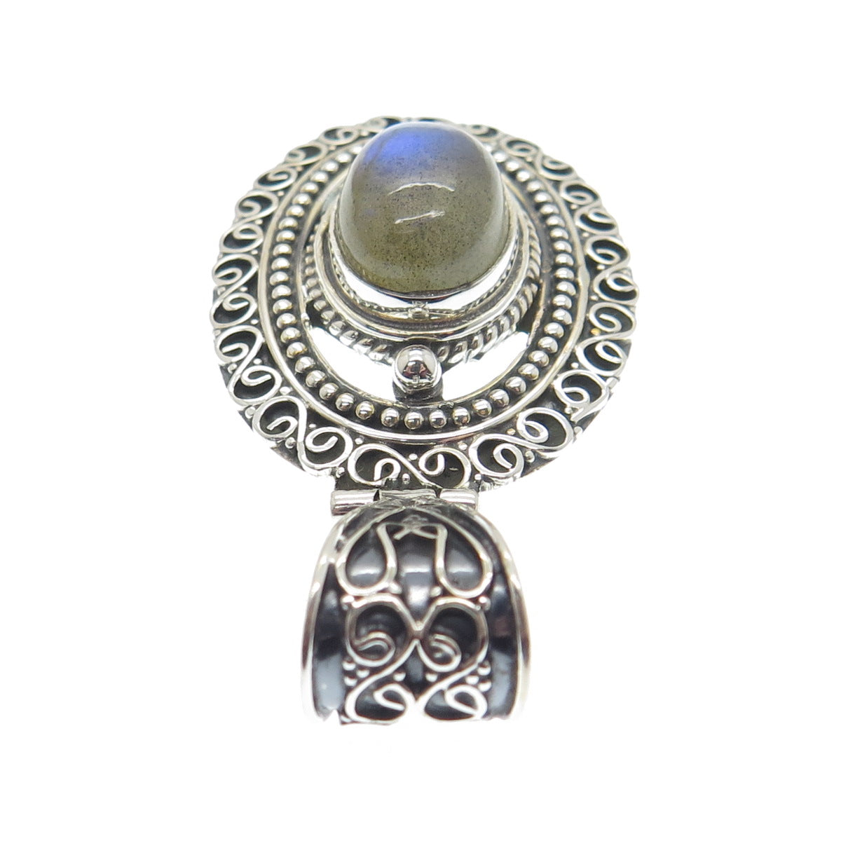 925 Sterling Silver Vintage Real Labradorite Gemstone Boho Ornate Pendant