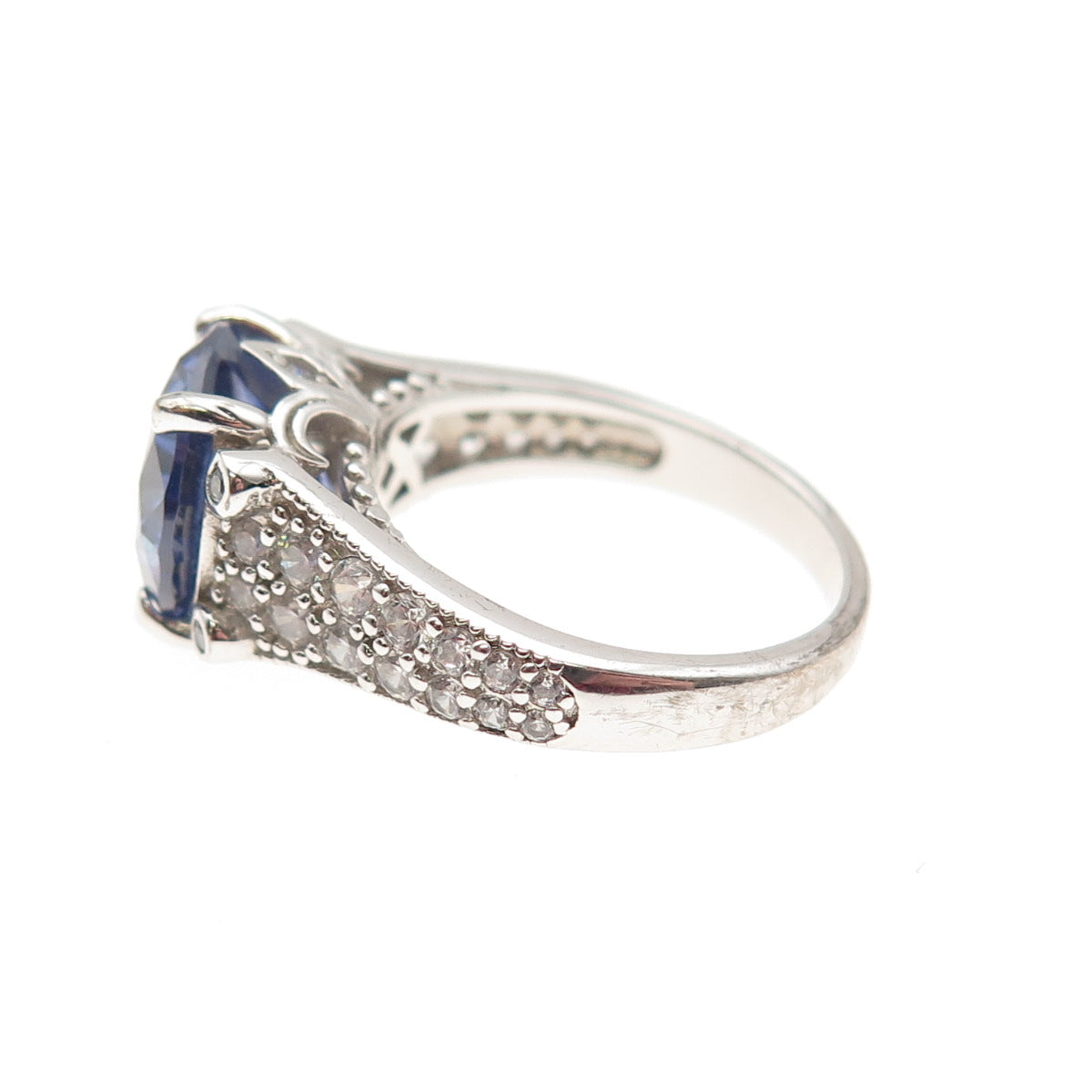 925 Sterling Silver Round-Cut Blue & White C Z Ring Size 5.25