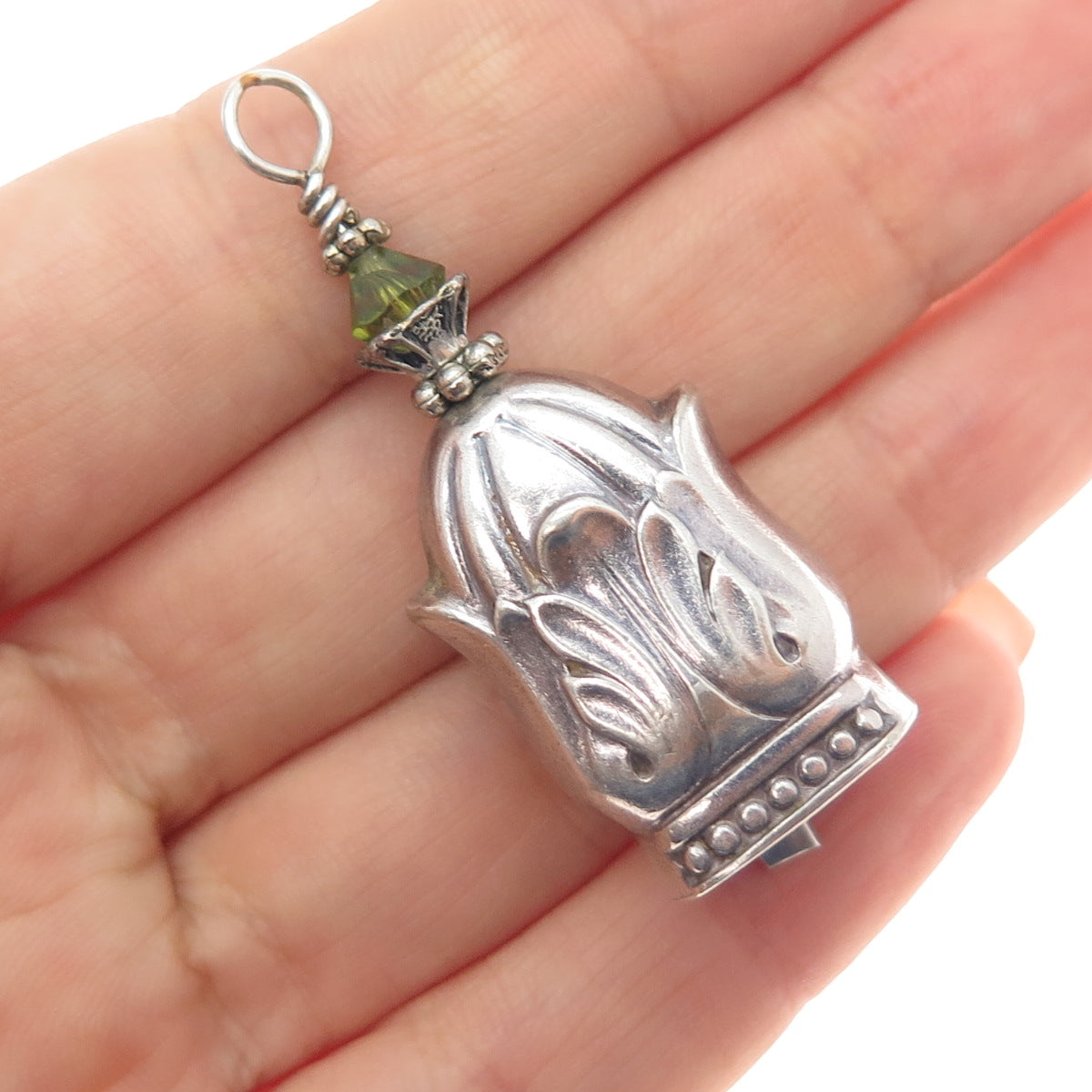 925 Sterling Silver Vintage Green Crystal Floral Bell Oxidized Charm Pendant