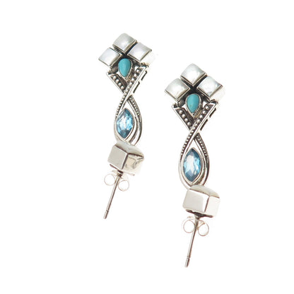 Nicky Butler 925 Sterling Silver Vintage Real Blue Topaz Turquoise MOP Earrings