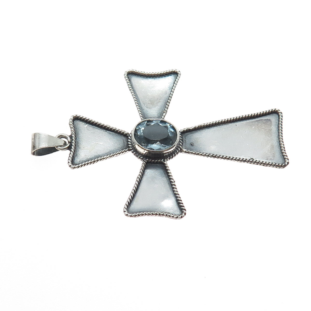 925 Sterling Silver Vintage Real Oval-Cut Blue Topaz Cross Oxidized Pendant