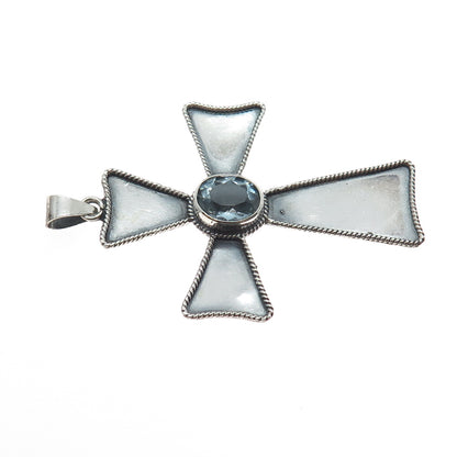 925 Sterling Silver Vintage Real Oval-Cut Blue Topaz Cross Oxidized Pendant
