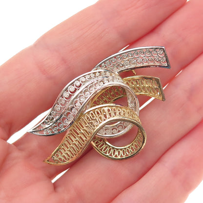 800 Silver 2-Tone Vintage Ribbon Filigree Pin Brooch