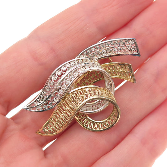 800 Silver 2-Tone Vintage Ribbon Filigree Pin Brooch