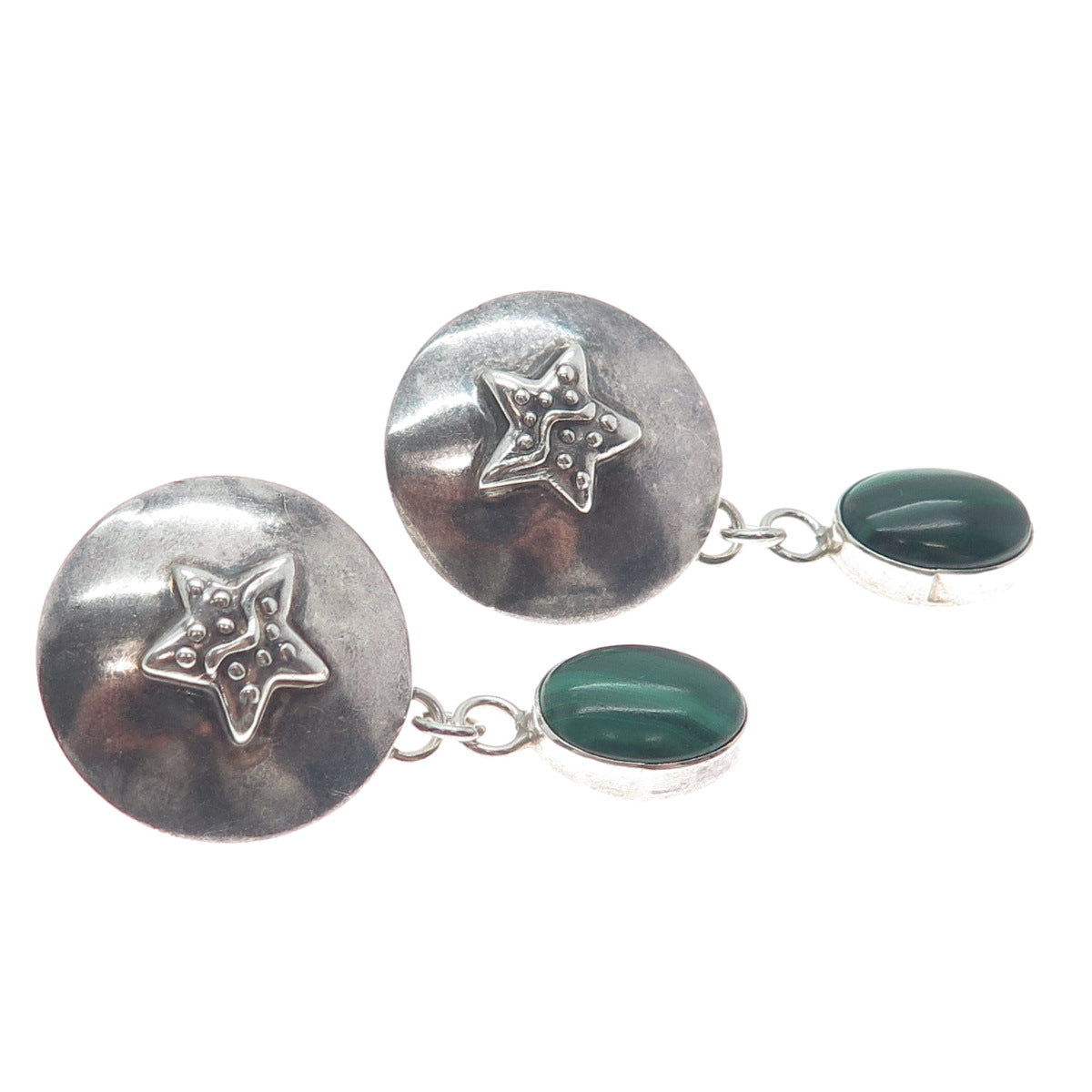 CAROL FELLEY Sterling Silver Vintage 1991 Real Malachite Star Dangle Earrings