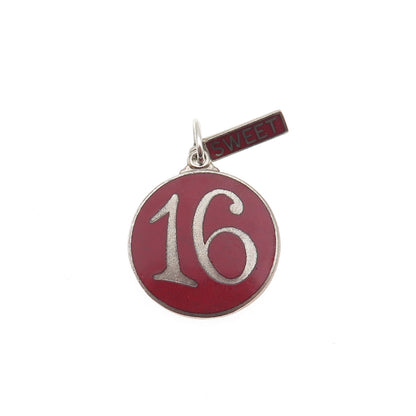 925 Sterling Silver Vintage Enamel Sweet 16 Round Tag Charm Pendant