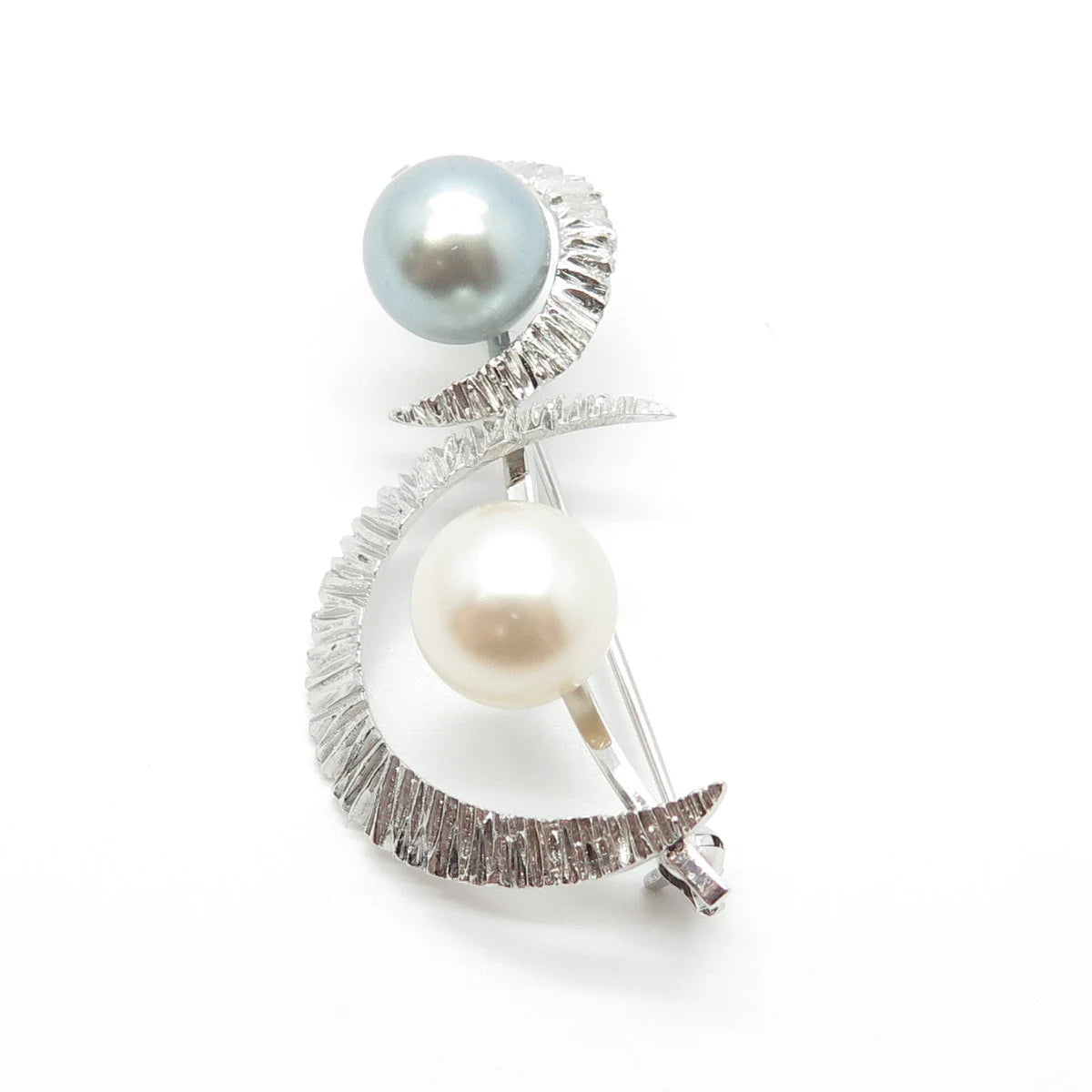 925 Sterling Silver Vintage Faux Cream & Gray Pearl Crescent Moon Pin Brooch