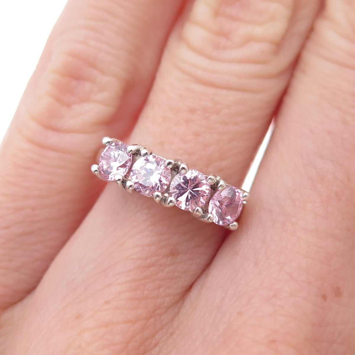 925 Sterling Silver Round-Cut Pink C Z Ring Size 5.25