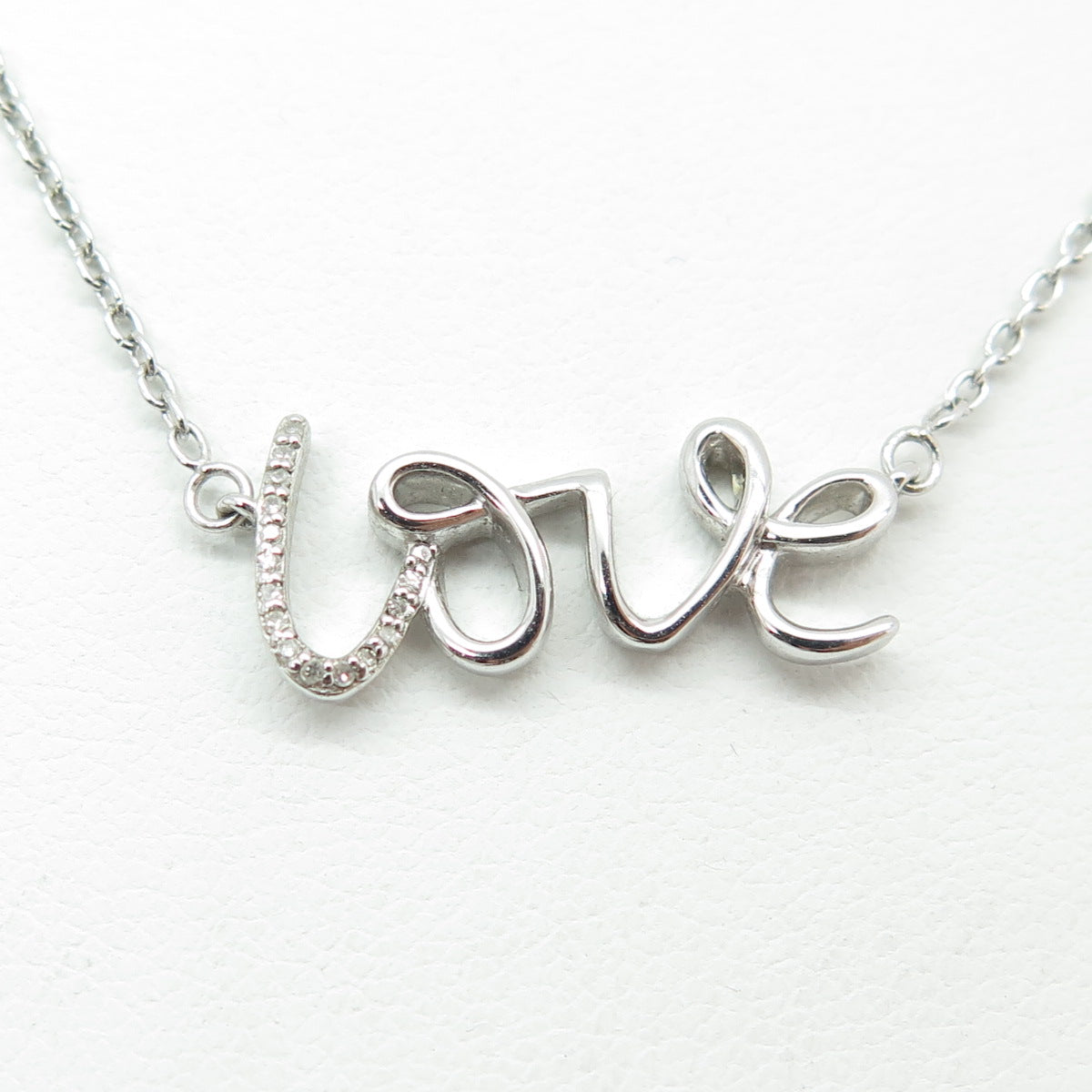 SUN 925 Sterling Silver Real Round-Cut Diamond "LOVE" Chain Necklace 16-18"