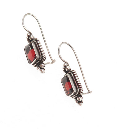 925 Sterling Silver Vintage Real Emerald-Cut Red Garnet Beaded Oxidized Earrings