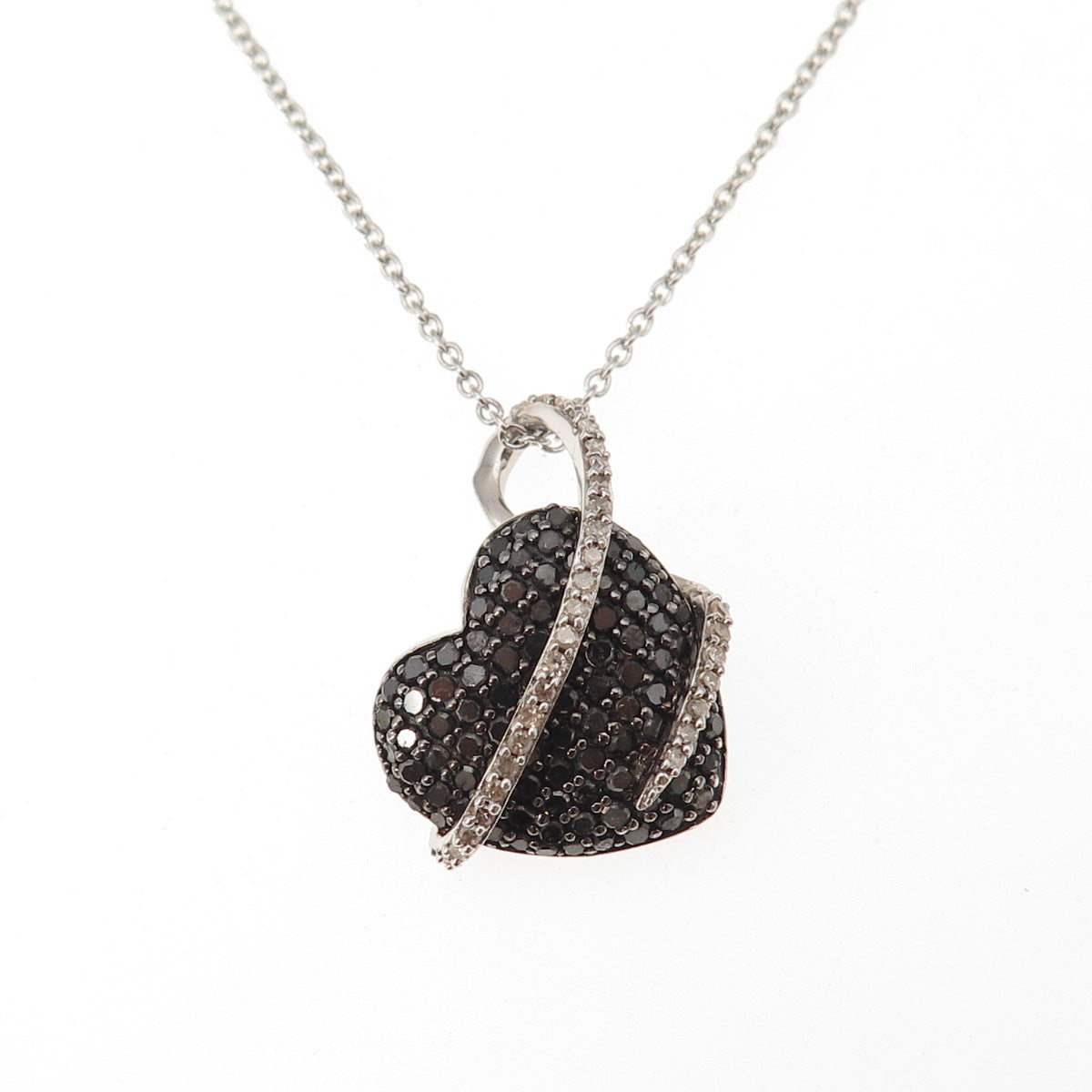 925 Sterling Silver Real Black & White Diamond Heart Cable Chain Necklace 18"
