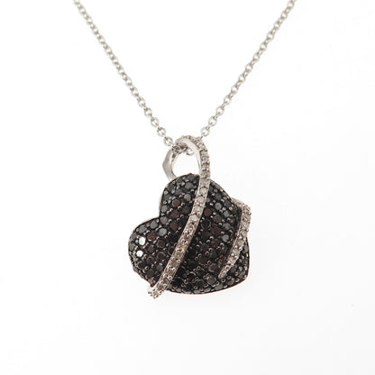 925 Sterling Silver Real Black & White Diamond Heart Cable Chain Necklace 18"