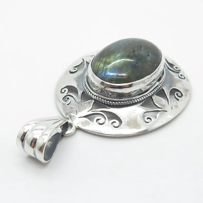 925 Sterling Silver Vintage Real Labradorite Gemstone Ornate Pendant