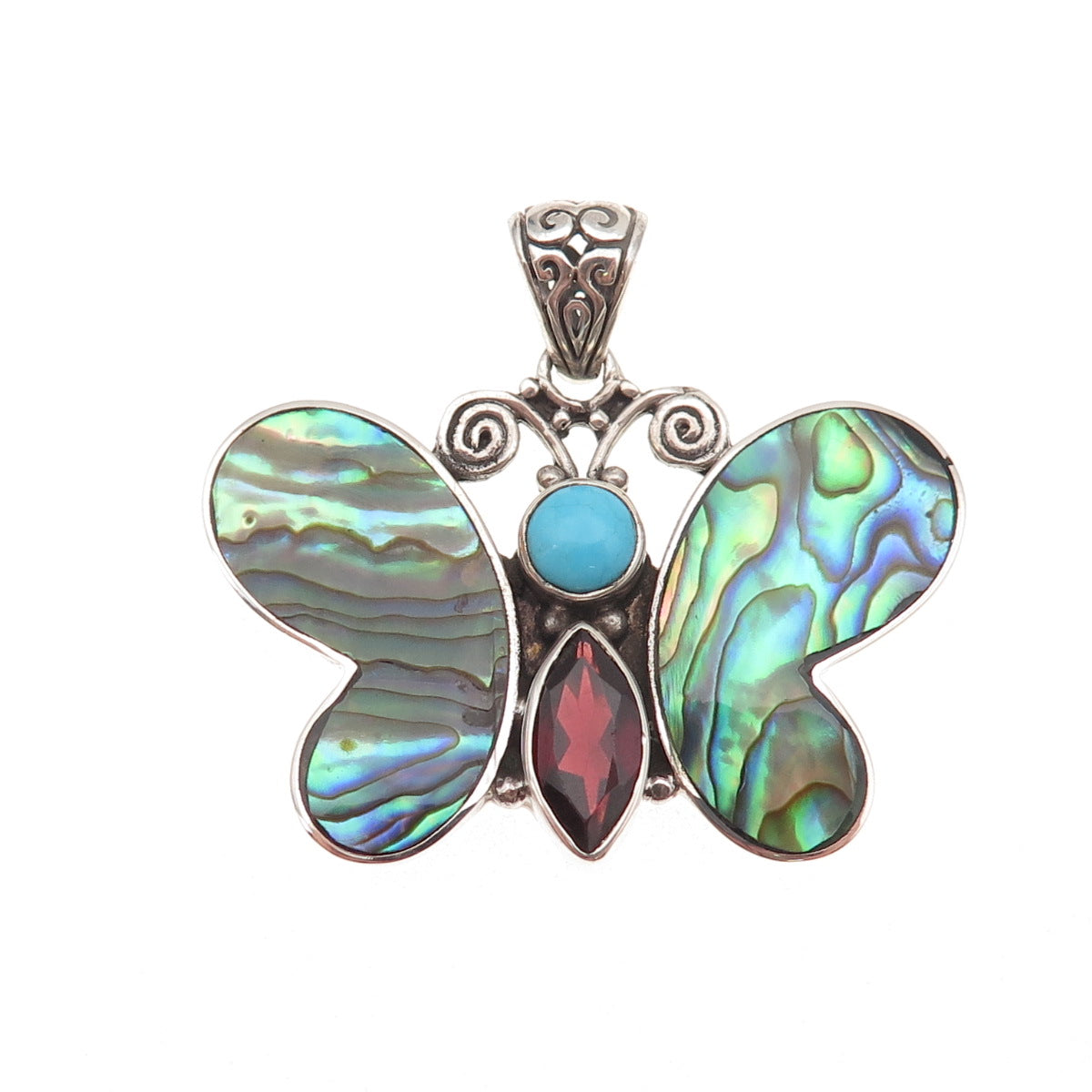 925 Sterling Vintage Real Turquoise Abalone Shell Red Garnet Butterfly Pendant