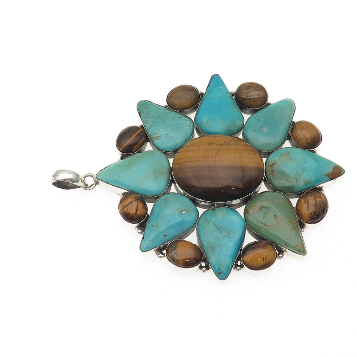 925 Sterling Silver Vintage Real Turquoise & Tiger Eye Statement 78.8g Pendant