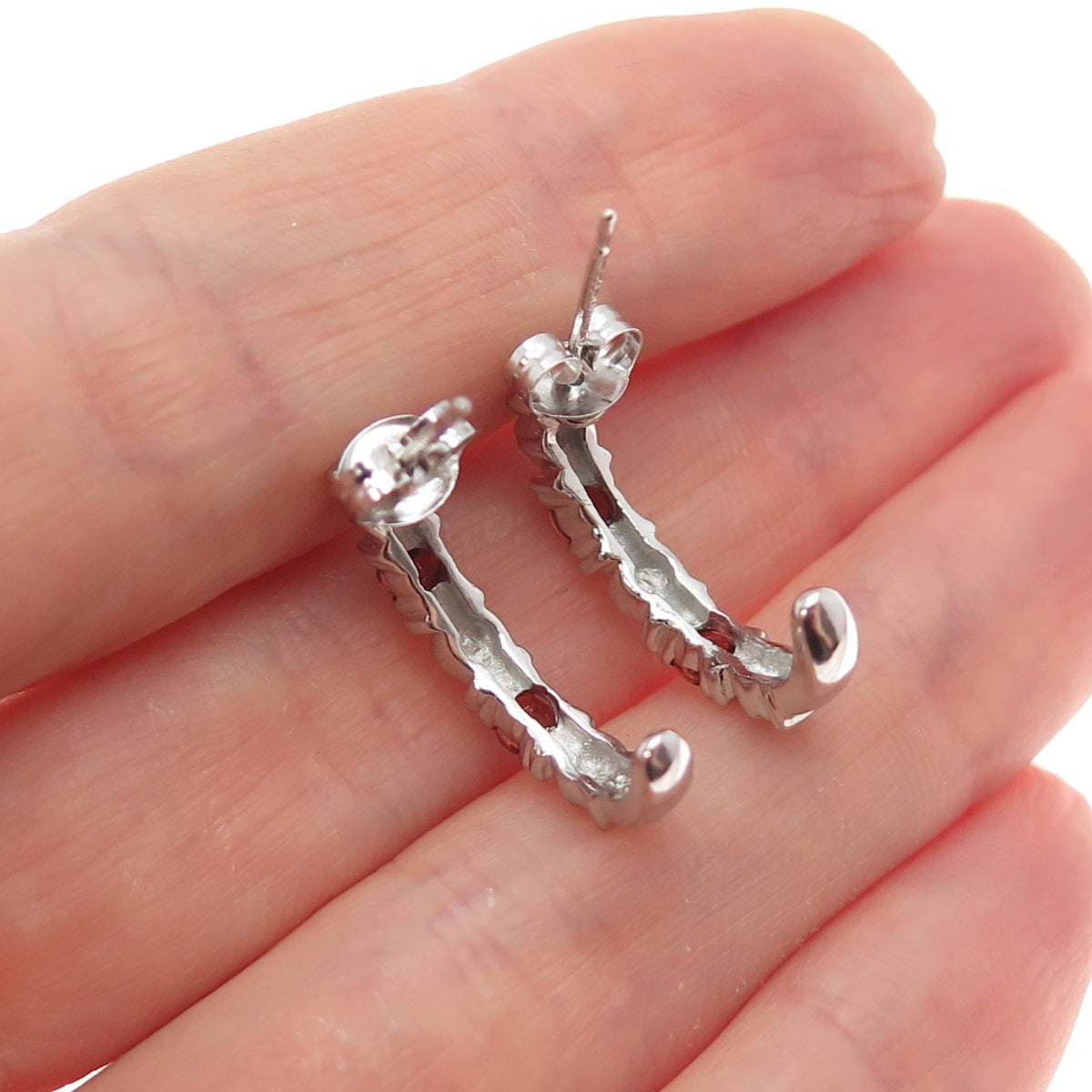 ROSS SIMONS 925 Sterling Silver Real Diamond & Red Garnet Half Hoop Earrings