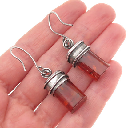 900 Silver Vintage Czechia Real Amber Modernist Oxidized Dangle Earrings
