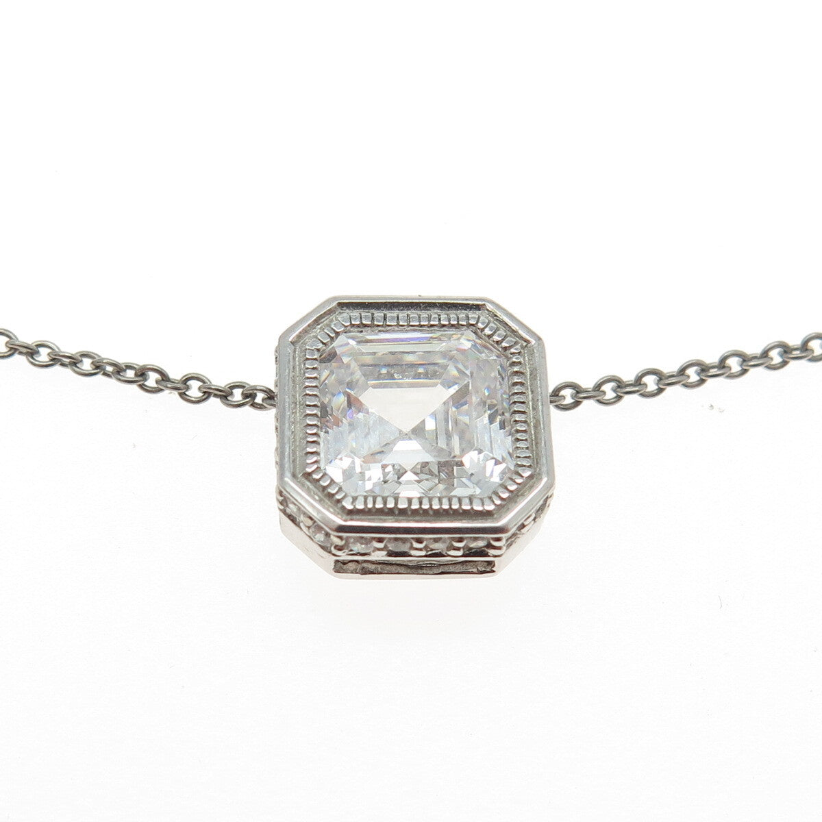 925 Sterling Silver Cushion-Cut Shaped C Z Rolo Chain Necklace 18"