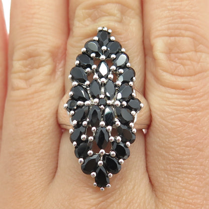 925 Sterling Silver Real Pear & Marquise-Cut Black Spinel Cluster Ring Size 7