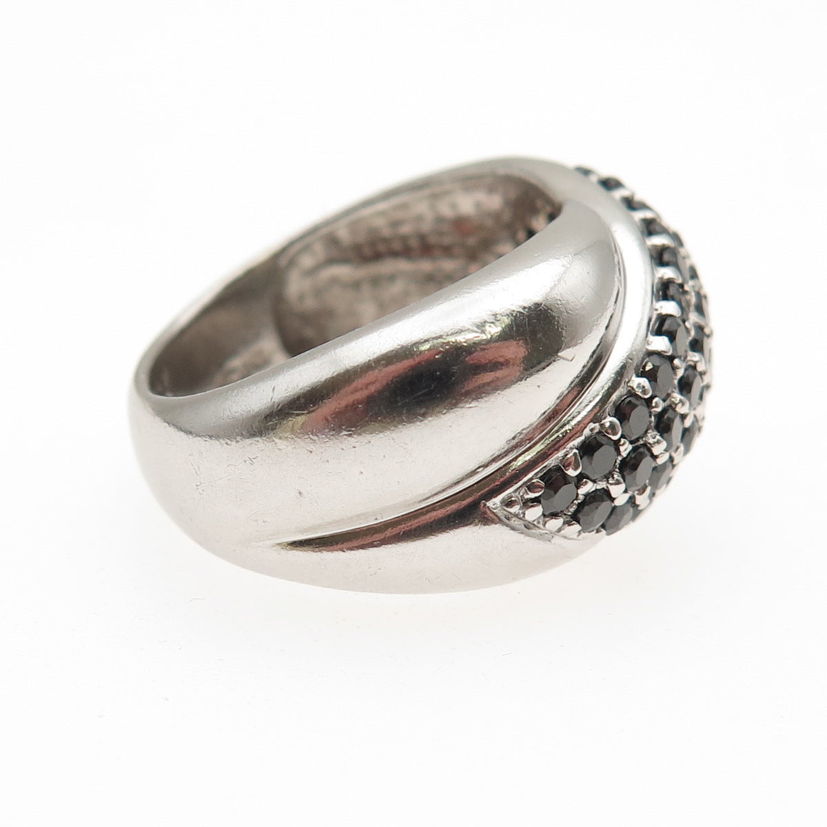 925 Sterling Silver Real Round-Cut Black Spinel Crisscross Ring Size 8.75