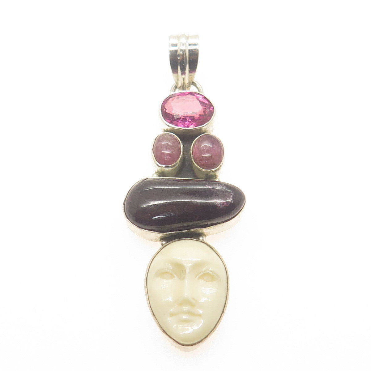 925 Sterling Silver Vintage Real Pink Amethyst Tourmaline & MOP Goddess Pendant
