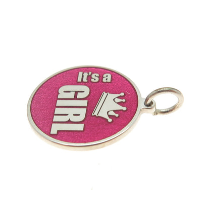 925 Sterling Silver Pink Enamel "It's a Girl" Round Tag Minimalist Charm Pendant